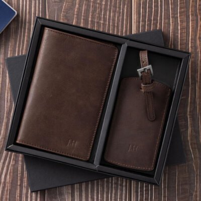 Men's Brown Personalised Passport & Luggage Travel Set