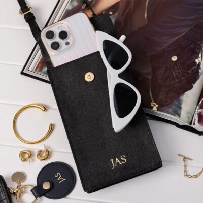 Black Saffiano Cross Body Phone Case with gold hardware