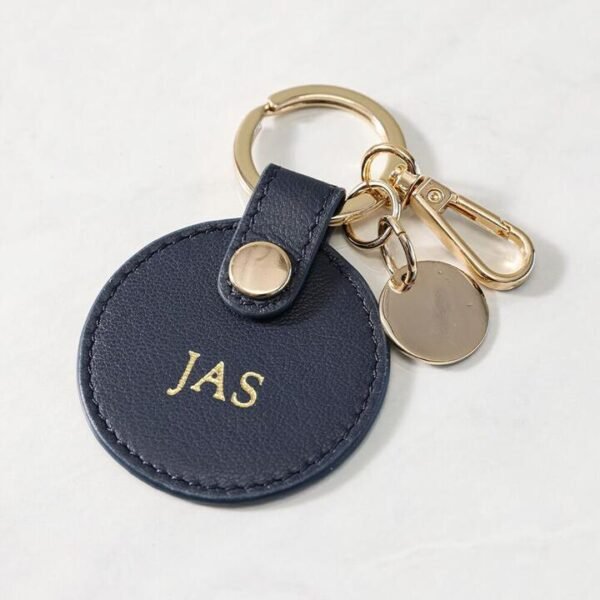 Personalised Navy Leather Circle Keyring